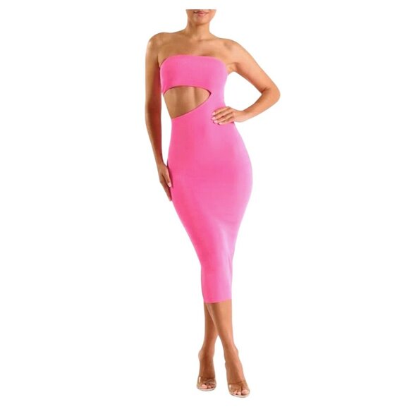 N By Naked Wardrobe Strapless Side Cutout‎ Midi Dress Bright Pink Womens Size 2X - Picture 1 of 13